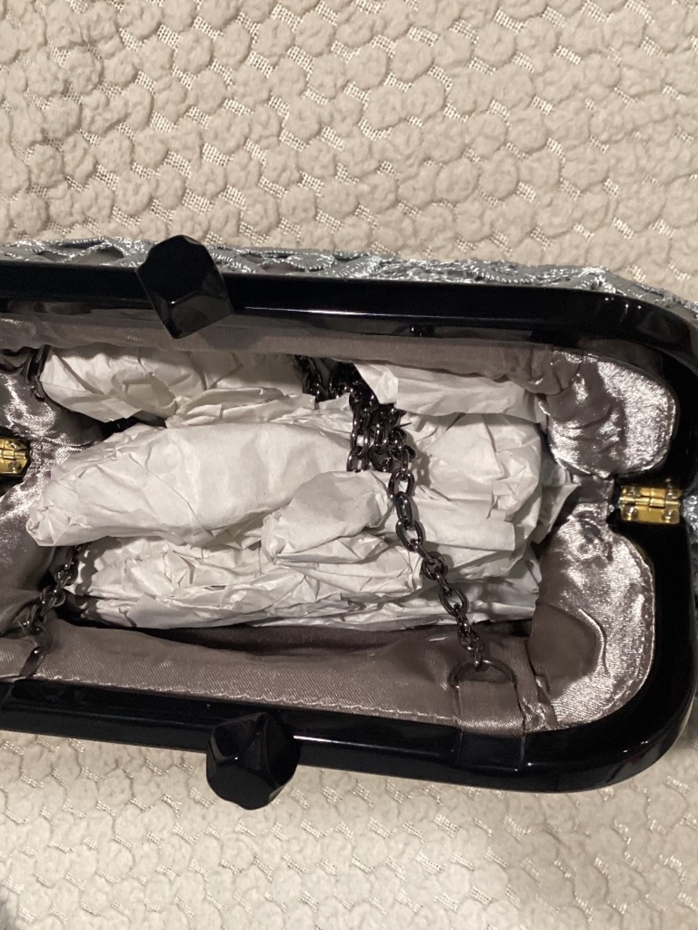Silver Gray Evening Clutch with Black handle / snap closure